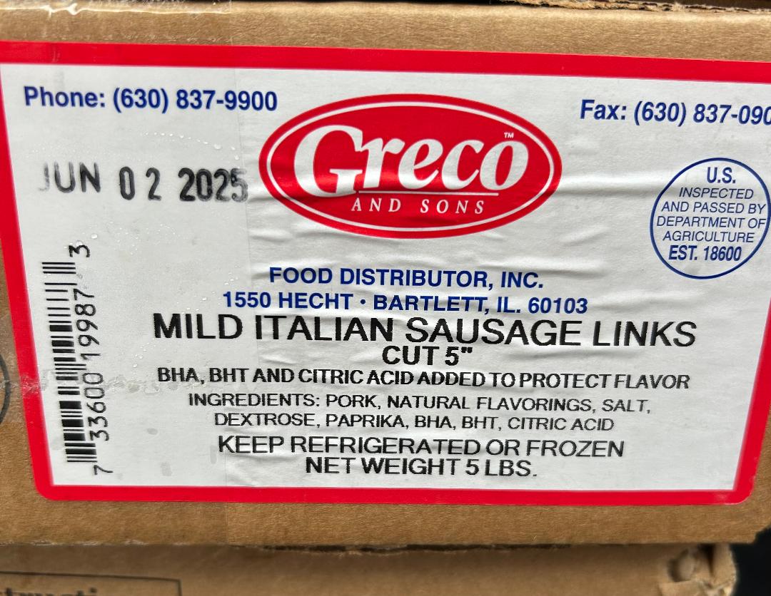 Italian Sausage mild links (Greco & Sons) Martinelli Meats LLC